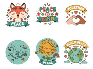 Obraz premium Whimsical Peace Sticker Set – Flat Pastel Vector of Fox, Kindness Badge, Unity Hands, Paper Crane, Sunflower Character, and Smiling Planet with Playful Doodles on Clean White Background