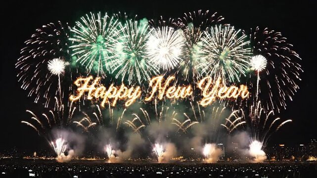Spectacular New Year's Eve fireworks display lights up the night sky, celebrating the new year with vibrant golden colors