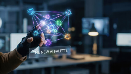 New ai palette concept highlights investing in advanced technology with futuristic digital interface glowing in dark office environment