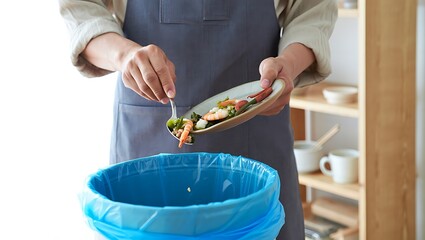 Person discarding food waste into a bin for composting concept