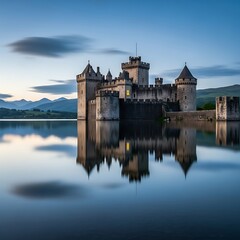 Fototapeta premium Majestic Castle Reflection on Calm Waters at Dusk.