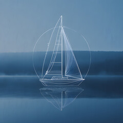 Sailing boat in the sea, boat graphic art digital picture, one line art, white boat on a blue background 