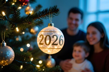 Family celebrating Christmas at home with a decorated tree and a bright ornament showing the year 2026 while looking out the window with joy and anticipation.
