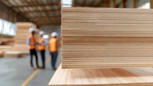 Workers discuss safety protocols in a timber warehouse during a training session on a bright afternoon