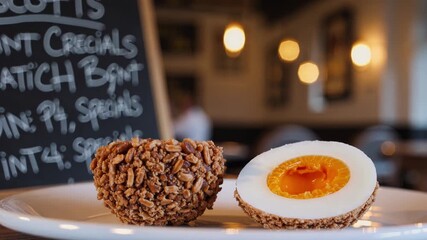 british scotch egg appetizer, one whole and one sliced in half displaying its soft boiled yolk, presented on a white plate in a restaurant or pub setting