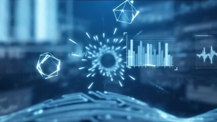 This dynamic abstract animation presents a sophisticated digital interface filled with evolving data visualizations. Glowing bar graphs and intricate line charts illuminate the screen, surrounded by e - Powered by Adobe