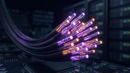 New ai palette for investing in technology features glowing fiber optic cables with futuristic circuits illuminating dark server room environment