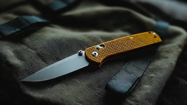 Sharp folding knife with a gold handle resting on tactical fabric for outdoor use
