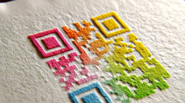 Colorful QR code design showcased on textured paper surface in a modern art style