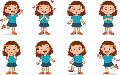 Cute Little Girl Expressing Diverse Emotions: Happy, Loving, Surprised, Angry, and Excited Moods Vector Character Collection for Kids