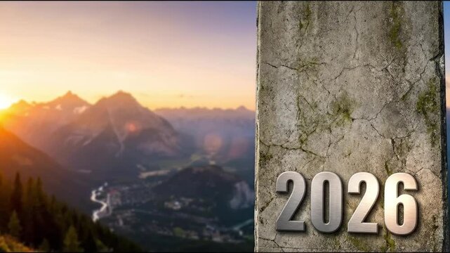 This dynamic split-screen composition juxtaposes a serene, out-of-focus mountain landscape at golden hour with a rugged, textured concrete surface bearing the metallic numbers '2026'. The breathtaking
