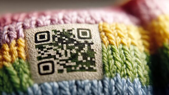 Colorful knitted fabric showcasing a visible QR code on a cozy textile background