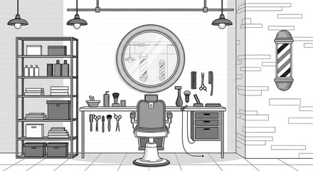 A barber chair sits in a well-equipped salon with grooming tools and accessories on display