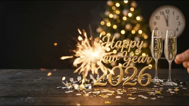 This elegant and festive video captures a sparkling celebration scene, featuring two glasses of effervescent golden liquid ready for a toast. Against a blurred backdrop of warm string lights and a clo