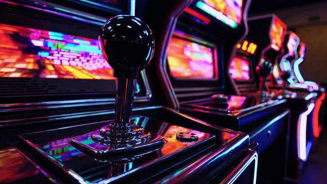 Arcade game joystick reflecting dynamic neon colors and digital patterns from the screens, creating a vibrant retro gaming experience evoking nostalgia for classic video games