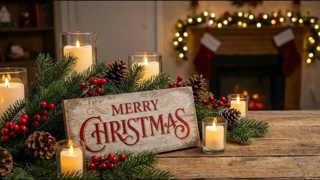 This heartwarming scene captures the essence of the festive holiday season, featuring a rustic wooden sign artfully displaying 'Merry Christmas' in elegant script. It is surrounded by twinkling, warm-