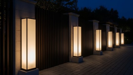 Elegant nighttime wall design with vertical illuminated light columns and dark exterior panels.  
