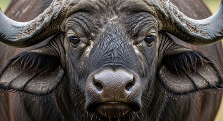 Close-up portrait of a Cape buffalo with large horns.
