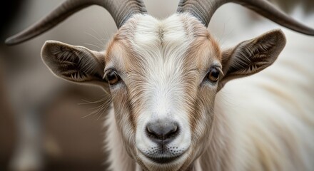 Obraz premium Close-up portrait of a goat with impressive horns and striking eyes.