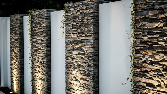 Contemporary wall design featuring stacked stone columns, white panels, and soft evening illumination.  
