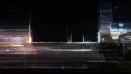 Abstract Glitch Cityscape With Orange Blue Neon Lights at Night - Powered by Adobe