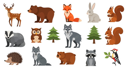 Fototapeta premium Collection of forest animals and trees including a deer, bear, fox, owl, wolf, rabbit, squirrel, hedgehog, raccoon, and woodpecker on a white background