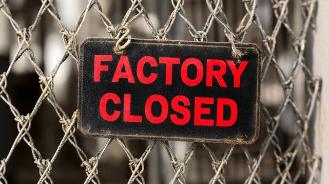Sign indicating a factory closure at an industrial site during daylight hours