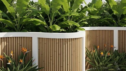 Modern curved bamboo fence design surrounded by lush tropical plants and colorful flowers in sunlight.  
