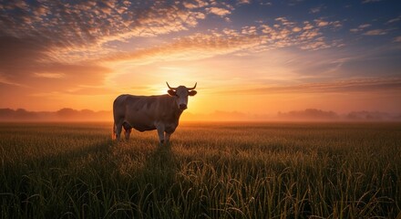 Cow Grazing in a Field at Sunset - A Serene Pastoral Scene.