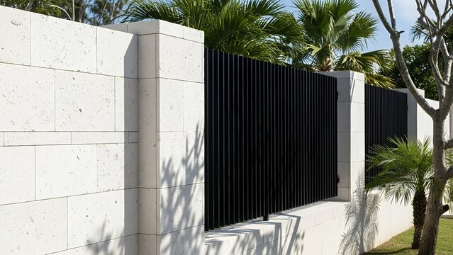 Modern exterior wall made of white stone and black metal panels surrounded by tropical palm trees.  
