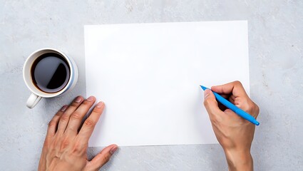 Top view of a person writing on a blank sheet of paper