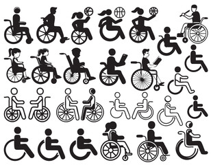 Physical Disability and Wheelchair Icon Silhouettes on White Background Vector Fully Editable Smart Object Text Effect