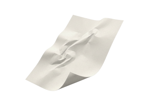 Crumpled white paper sheet floating isolated on black background showing wrinkles and texture