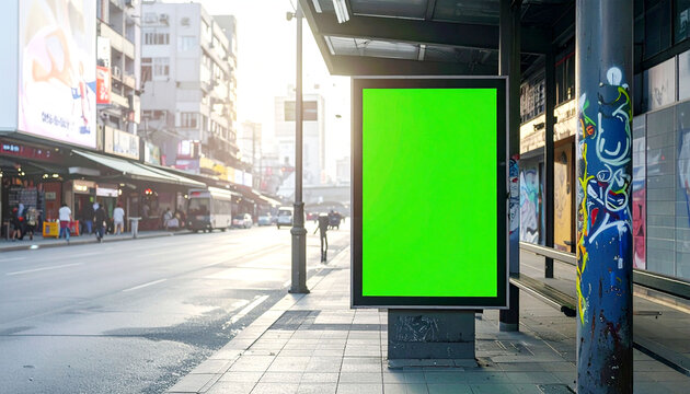Outdoor green screen digital billboard at city bus stop on sunny urban street, ready for advertising design mockups and display.