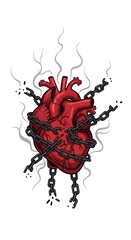 A bound heart chained and broken free with splashes