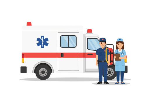Cartoon Ambulance with Paramedic and Nurse Team
