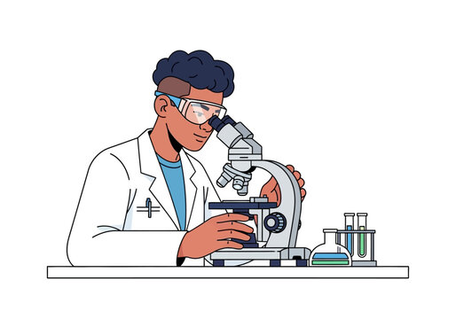 Scientist Using Microscope in Lab with Test Tubes