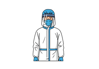 Cartoon Person in Full Protective Gear with Face Shield and Mask