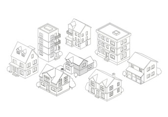 Isometric Line Art: Diverse Architectural Styles of Houses and Buildings