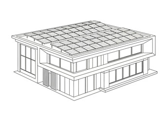 Modern Building with Solar Panels on the Roof, Line Art