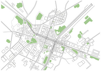 Detailed Architectural Map of a City with Green Spaces and Road Networks