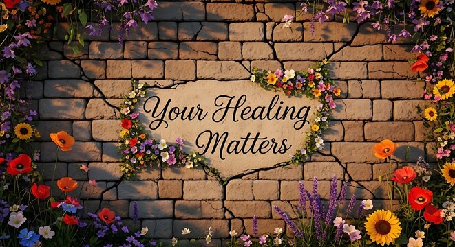 Your Healing Matters Text Overlay on Cracked Brick Wall with Flowers. - Powered by Adobe