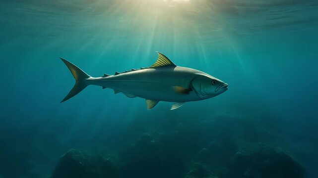 A seamless, looping 3D animation of a tuna fish swimming underwater. Sunbeams shine through the blue ocean, creating a realistic, peaceful marine life scene.