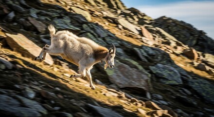 Ibex gracefully navigating a rocky mountain terrain with agility.