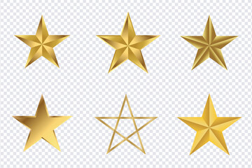 Gold Star Icon Set – Shiny 3D Golden Stars and Pentagram Vector on Transparent Background