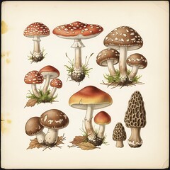 Vintage Botanical Illustration of Various Mushroom Species on a Light Background.