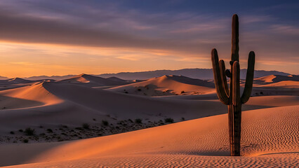 Desert landscape at dusk with saguaro cactus.