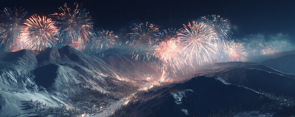 Spectacular fireworks over snowy mountains create a vibrant celebration under the night sky, perfect for festive occasions and breathtaking views