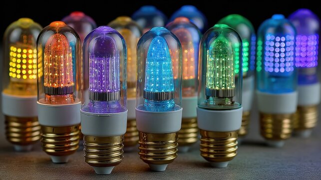 Colorful LED lights in traditional bulb casing shine in array