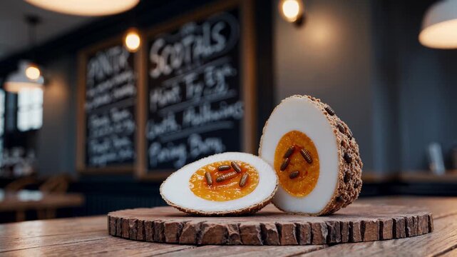 Two halves of a scotch egg are presented on a wooden platter. Showcasing the golden yolk and sausage meat encased in a crispy breadcrumb coating. With a blurred restaurant interior in the background